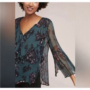 Anthropologie Feather Bone Silk Sheer Bell Split Sleeve Blouse Top Women's Small